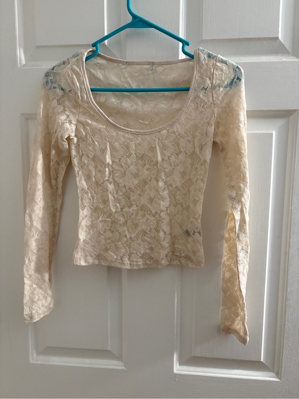 SHEIN Cream Floral Lace Long-Sleeve Crop Top